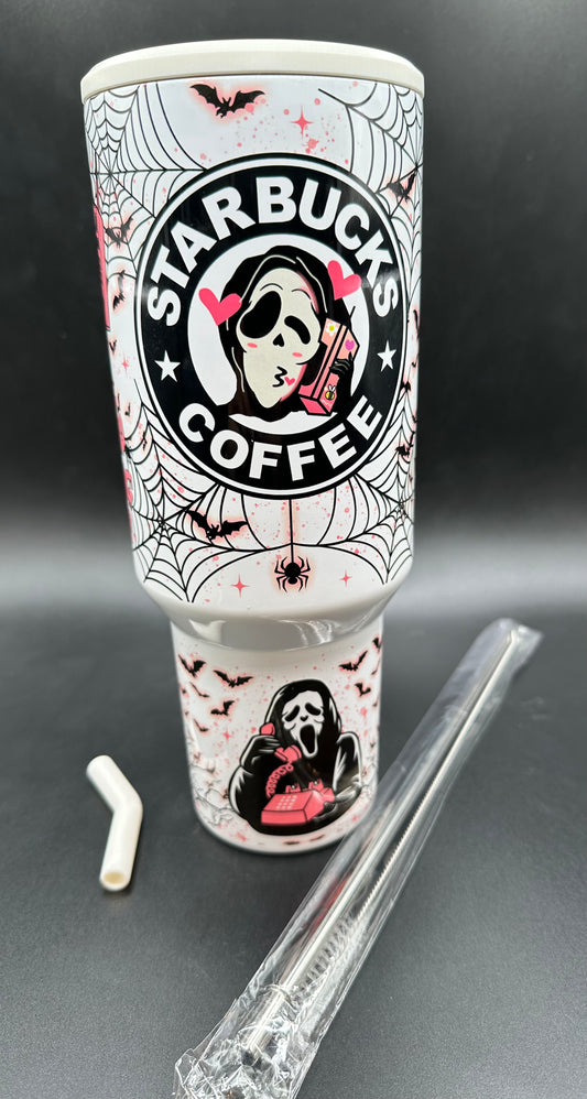 40oz Pink and Black "NO YOU HANG UP" Horror Villain tumbler