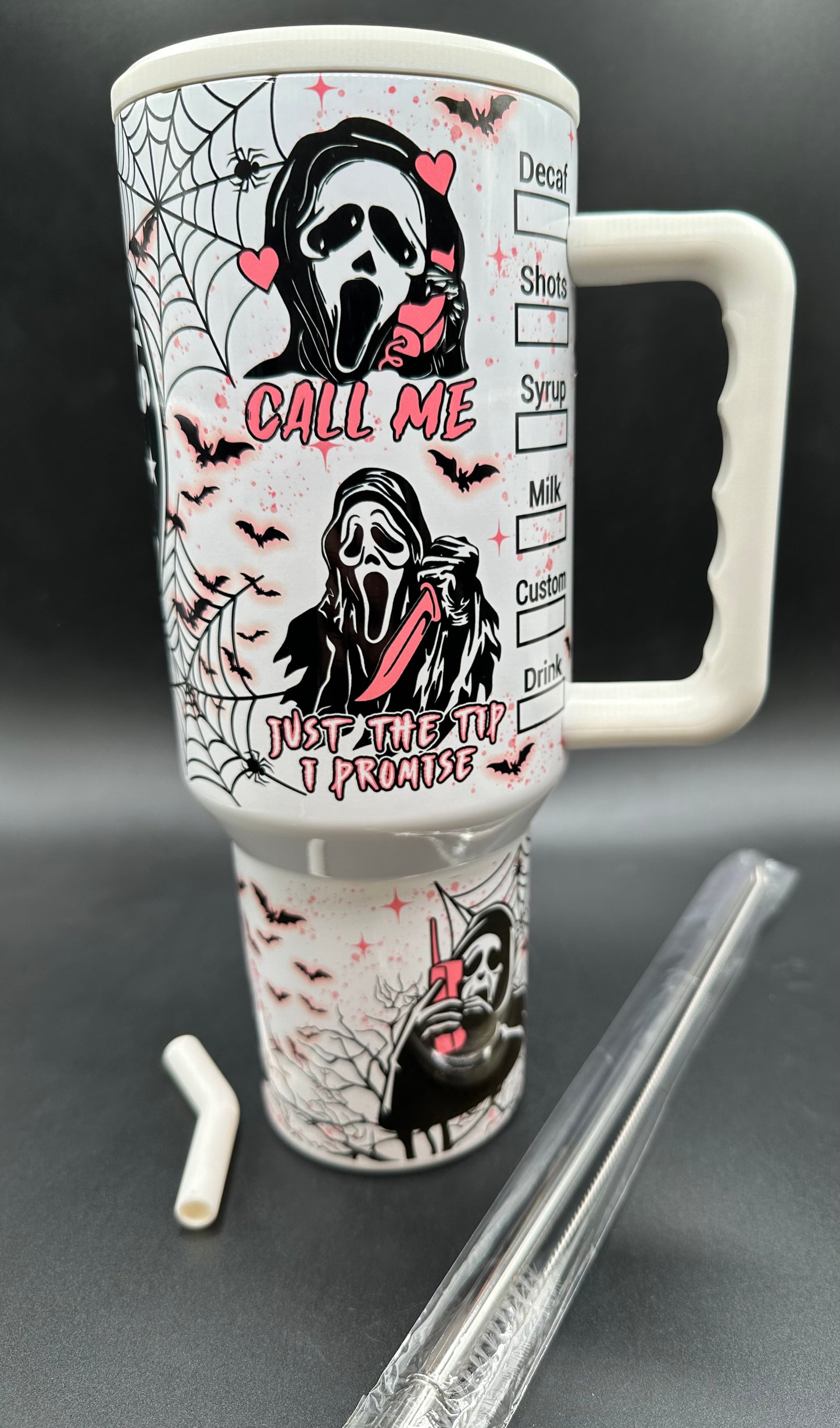 40oz Pink and Black "NO YOU HANG UP" Horror Villain tumbler