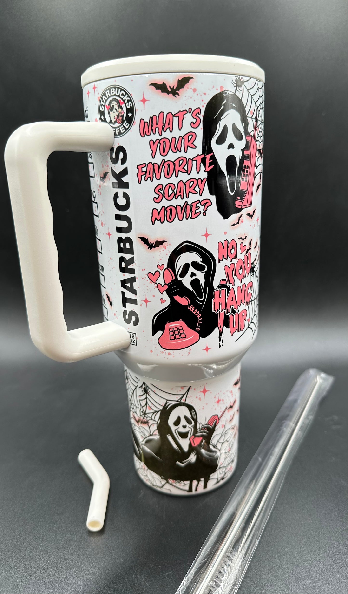 40oz Pink and Black "NO YOU HANG UP" Horror Villain tumbler