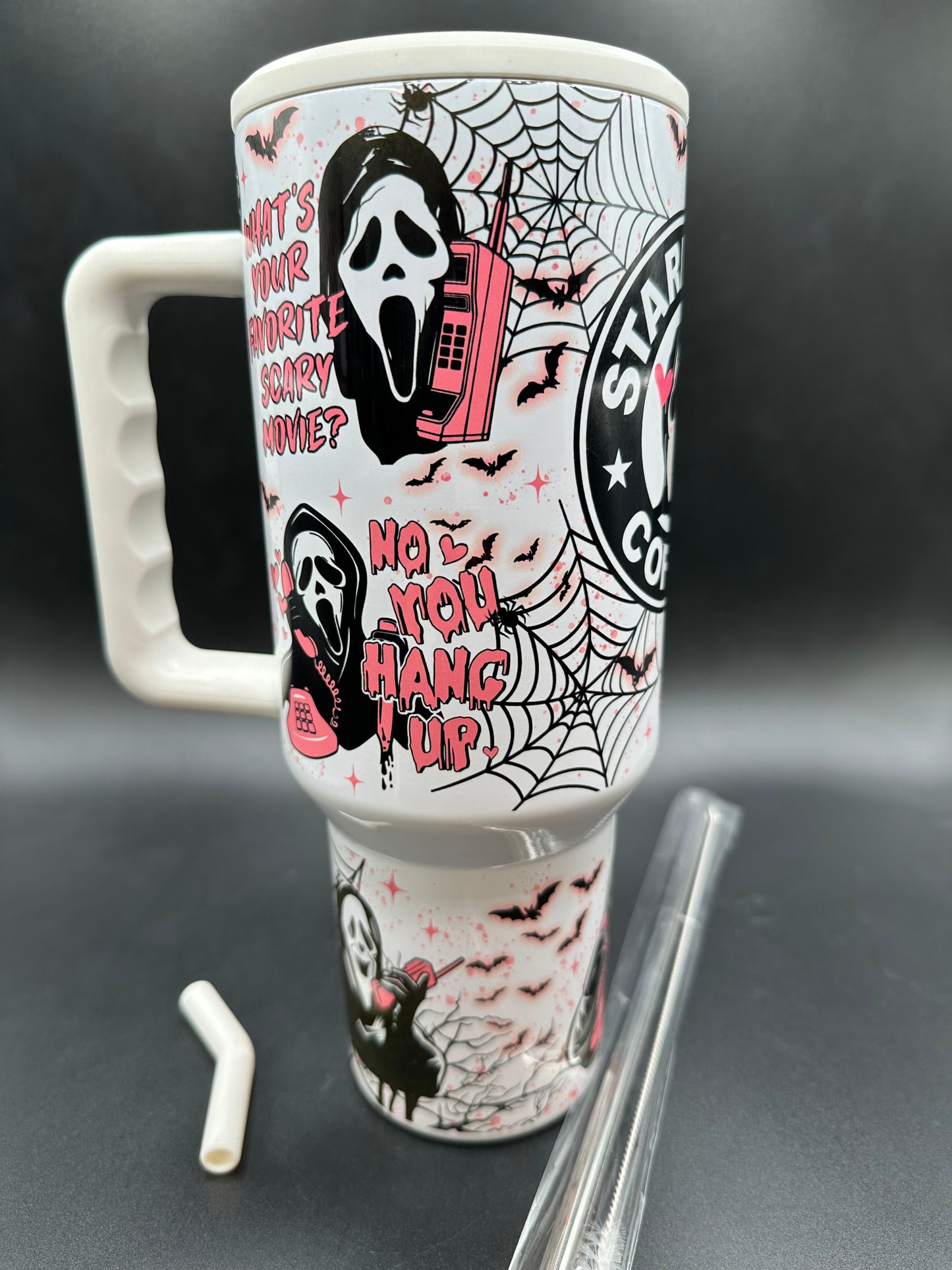 40oz Pink and Black "NO YOU HANG UP" Horror Villain tumbler